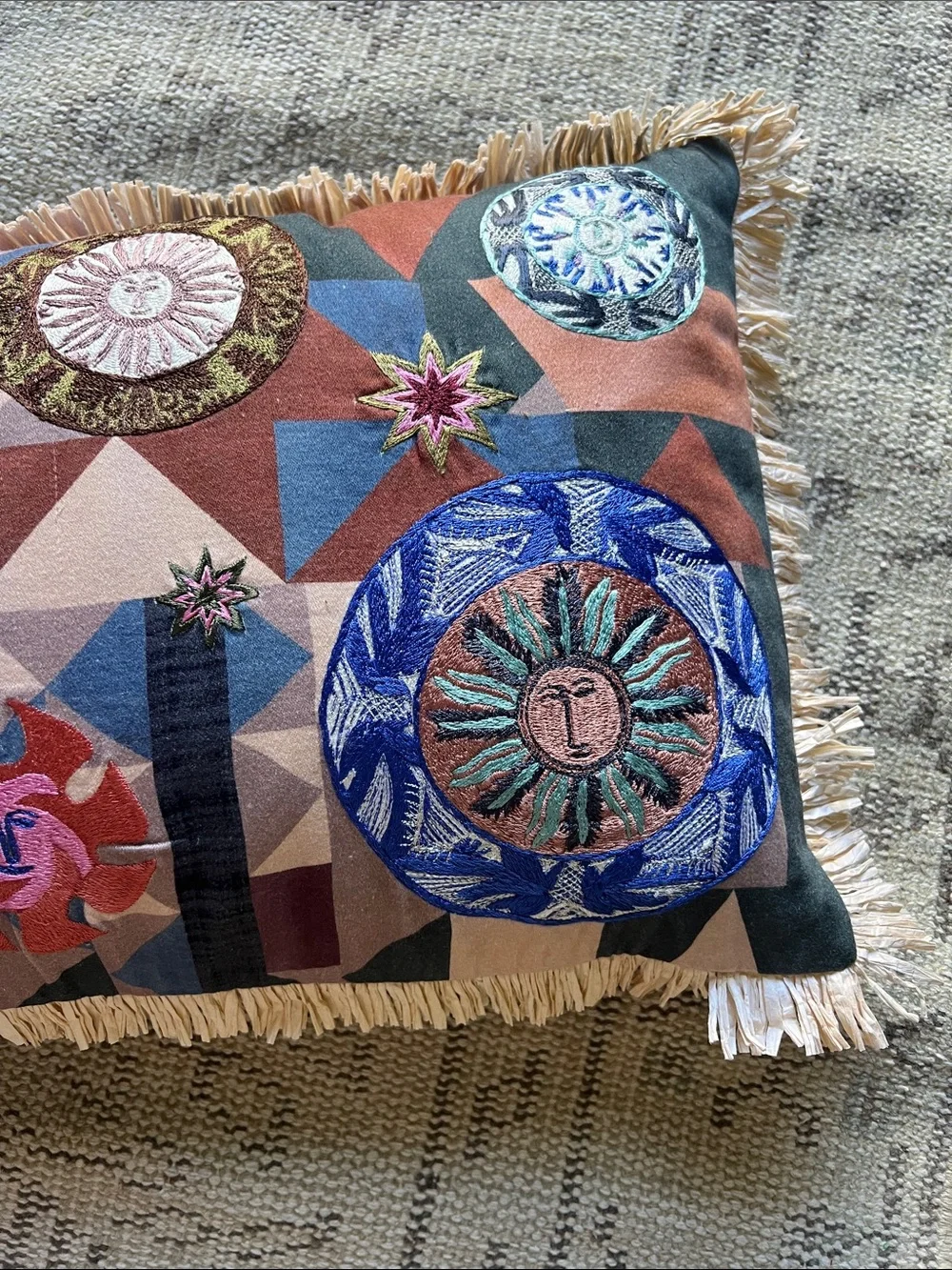 Christian Lacroix Multicolor Embroidered Sun Motif Pillow with Fringe